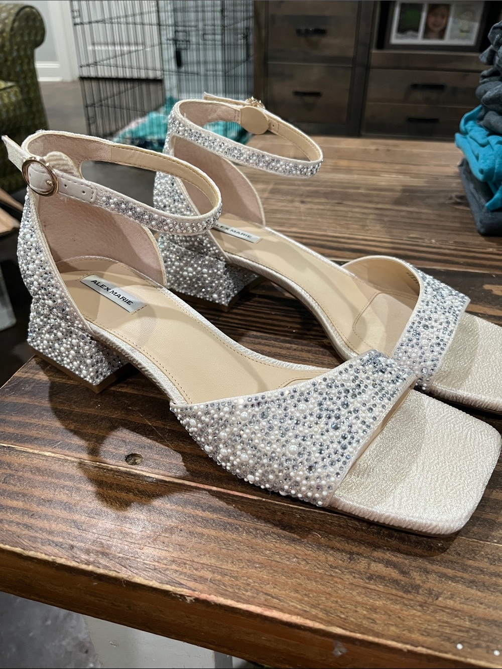 Alex Marie Pearl & Crystal Ankle-Strap Block Heels in Silver